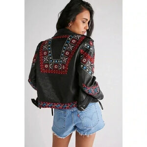 NWT Free People Mari Leather Moto Jacket Embroidered Black